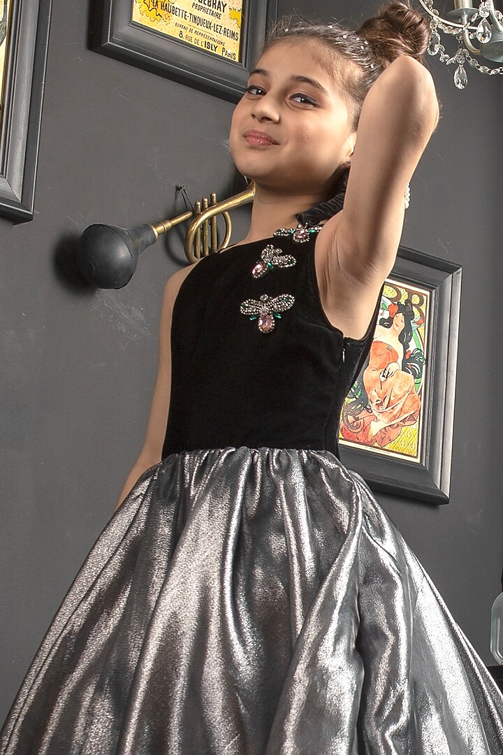 Black & Silver Velvet Gown For Girls by Hoity Moppet at Pernia's Pop Up Shop