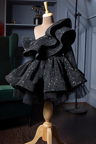 Black Sequins Off-Shoulder Dress For Girls by Hoity Moppet