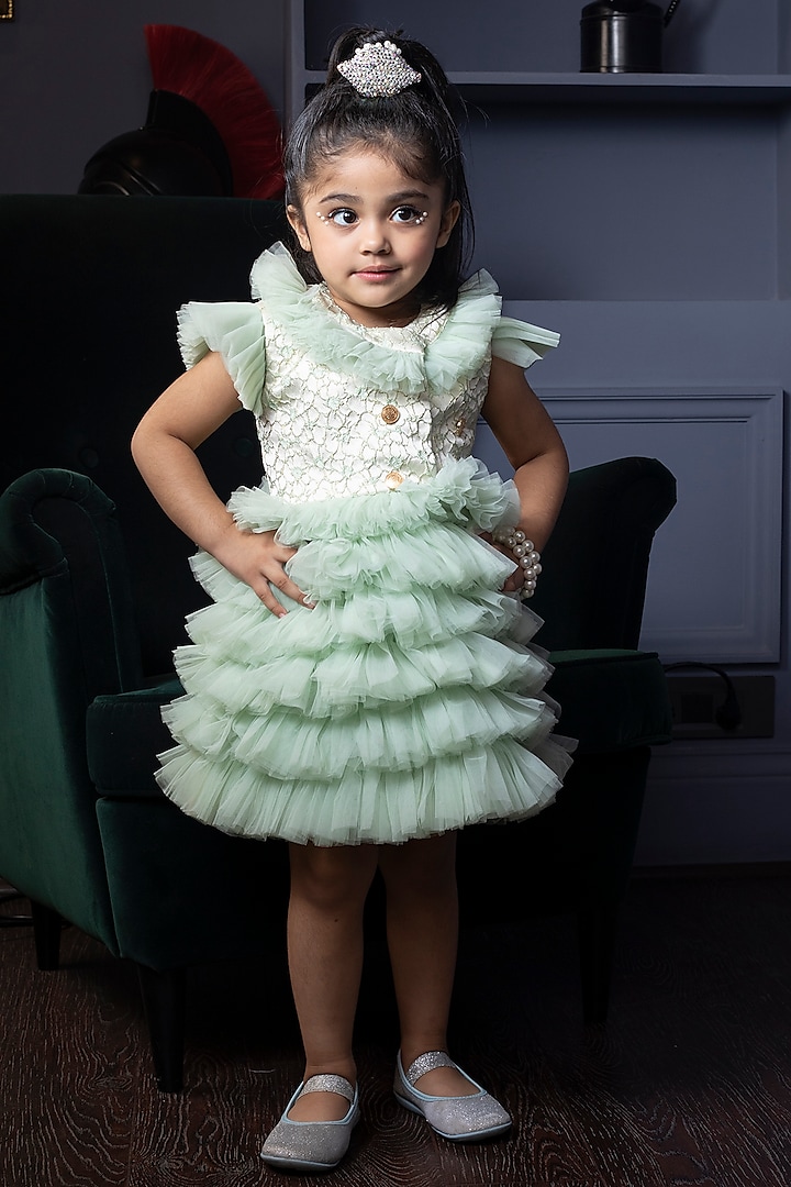 Mint Green Brocade & Tulle Layered Dress For Girls by Hoity Moppet