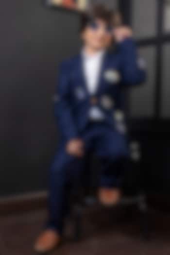 Navy Blue Denim Blazer Set For Boys by Hoity Moppet at Pernia's Pop Up Shop