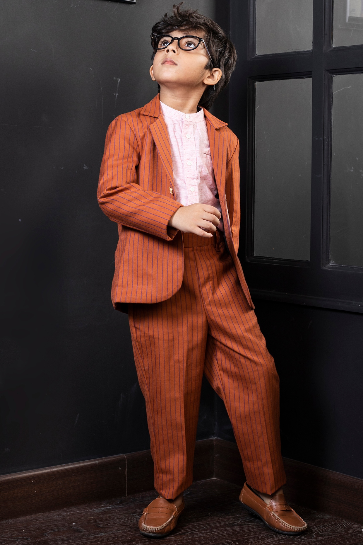 Brown Cotton Blazer Set For Boys Design by Hoity Moppet at