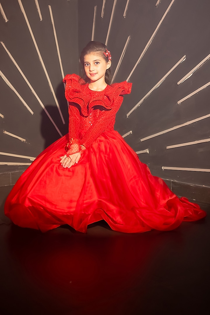 Red Sequins & Organza Flared Gown For Girls by Hoity Moppet