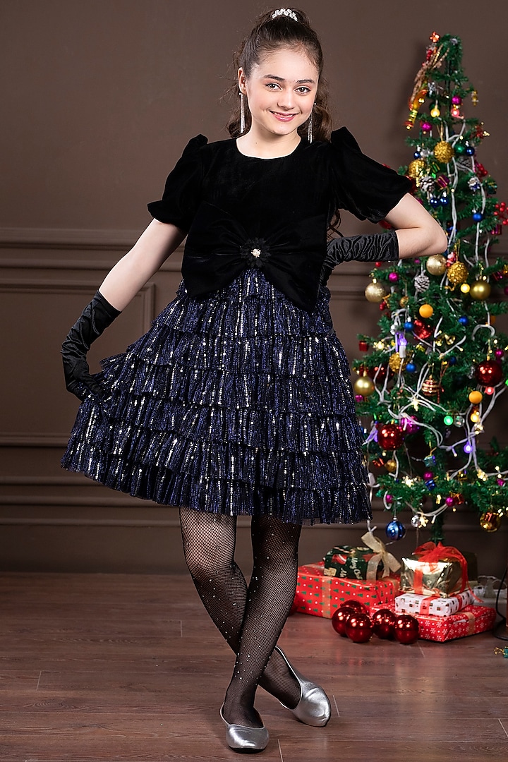 Black & Navy Blue Velvet Dress For Girls by Hoity Moppet