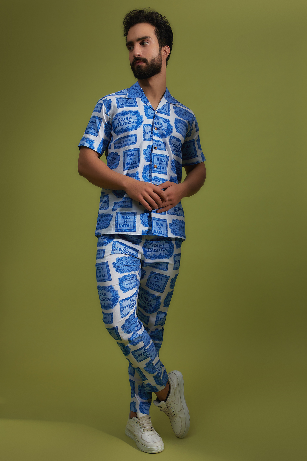 White & Blue Pure Cotton Printed Pant Set by House of K.C