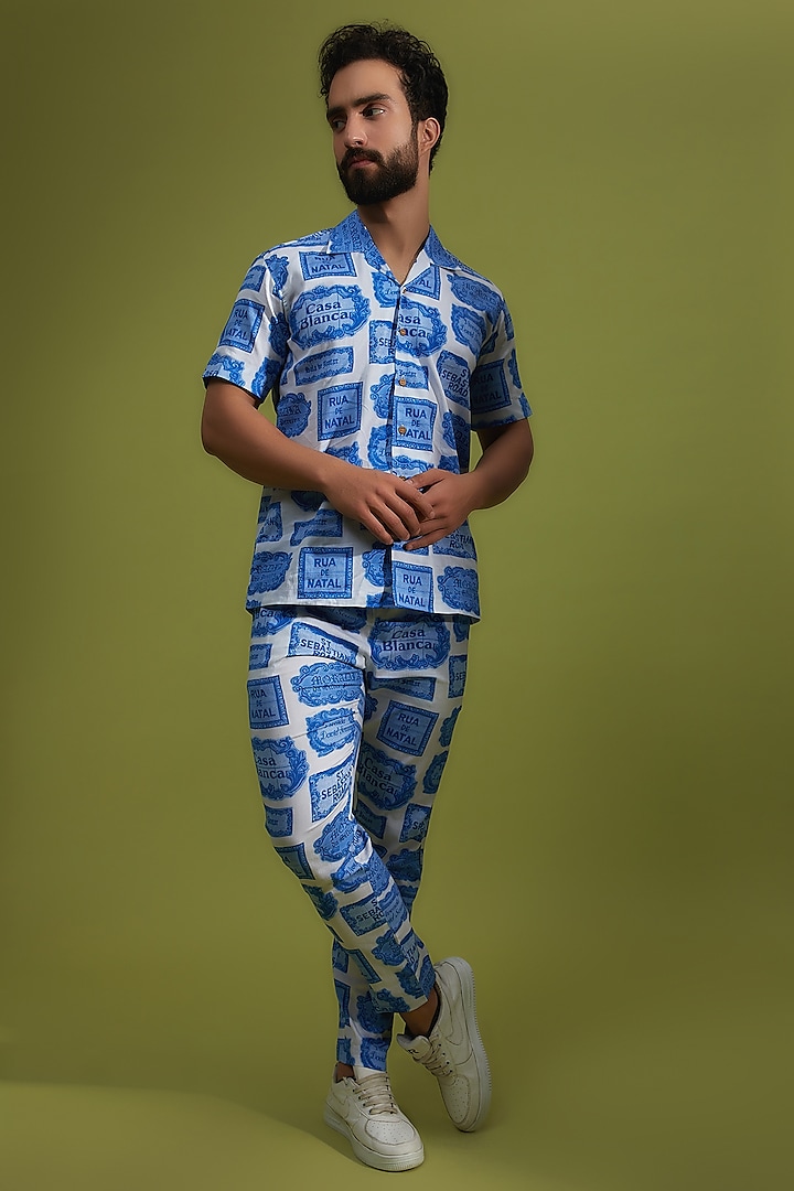 White & Blue Pure Cotton Printed Pant Set by House of K.C