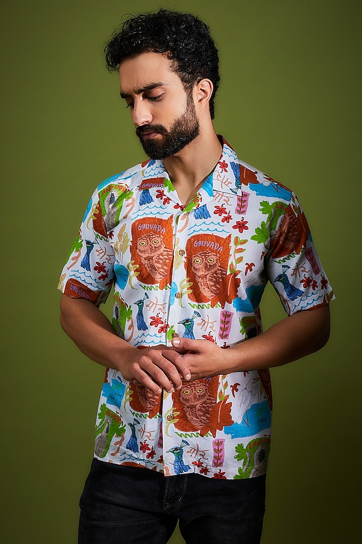 White Pure Cotton Printed Shirt by House of K.C