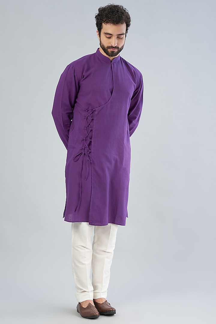 Purple Khadi Cotton Angrakha Kurta by House of K.C