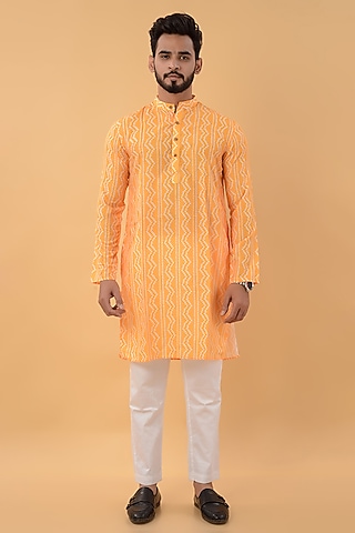 Yellow Cotton Silk Bandhani Kurta by House of K.C