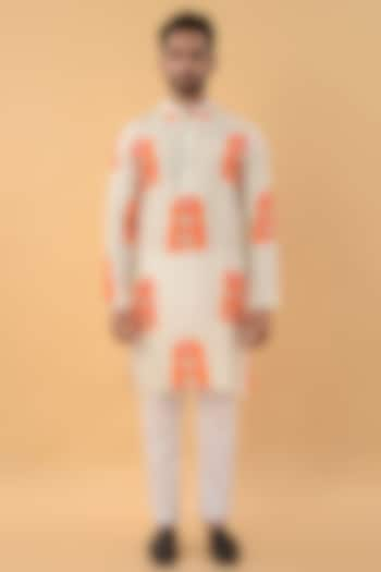 White & Orange Handwoven Cotton Kurta by House of K.C