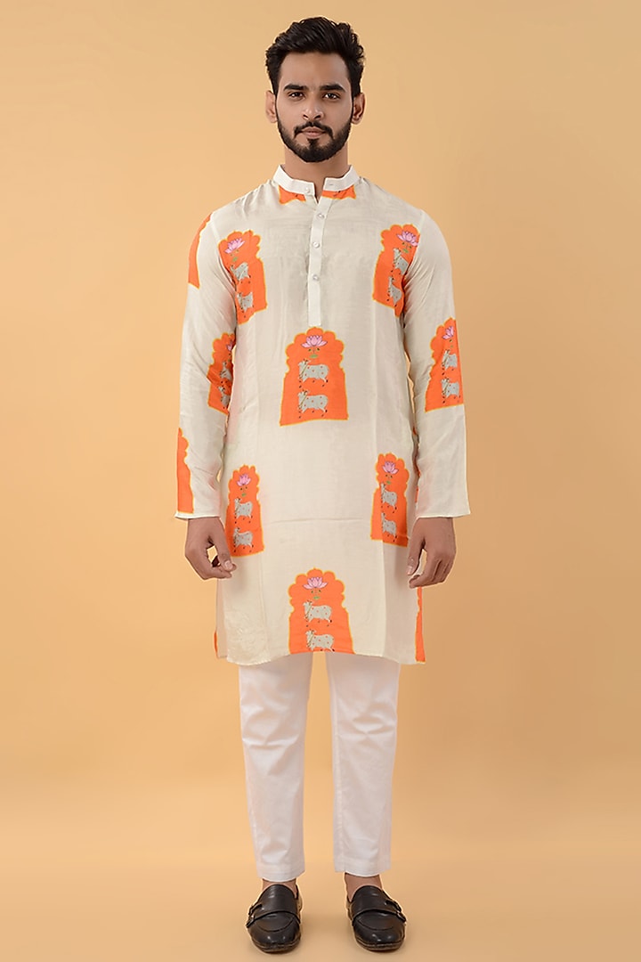 White & Orange Handwoven Cotton Kurta by House of K.C