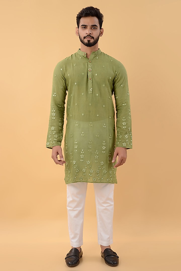 Green Cotton Mul Embroidered Kurta by House of K.C at Pernia's Pop Up Shop