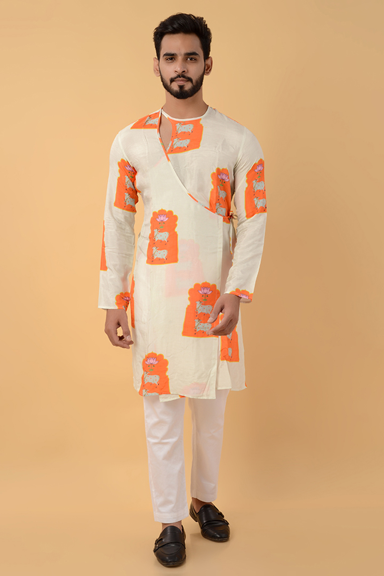 White & Orange Dola Silk Printed Kurta by House of K.C