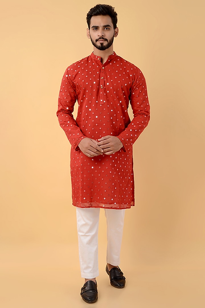 Royal Red Cotton Mul Embroidered Kurta by House of K.C