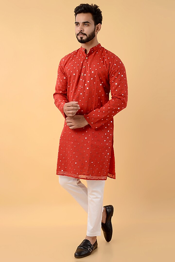 Royal Red Cotton Mul Embroidered Kurta by House of K.C at Pernia's Pop Up Shop