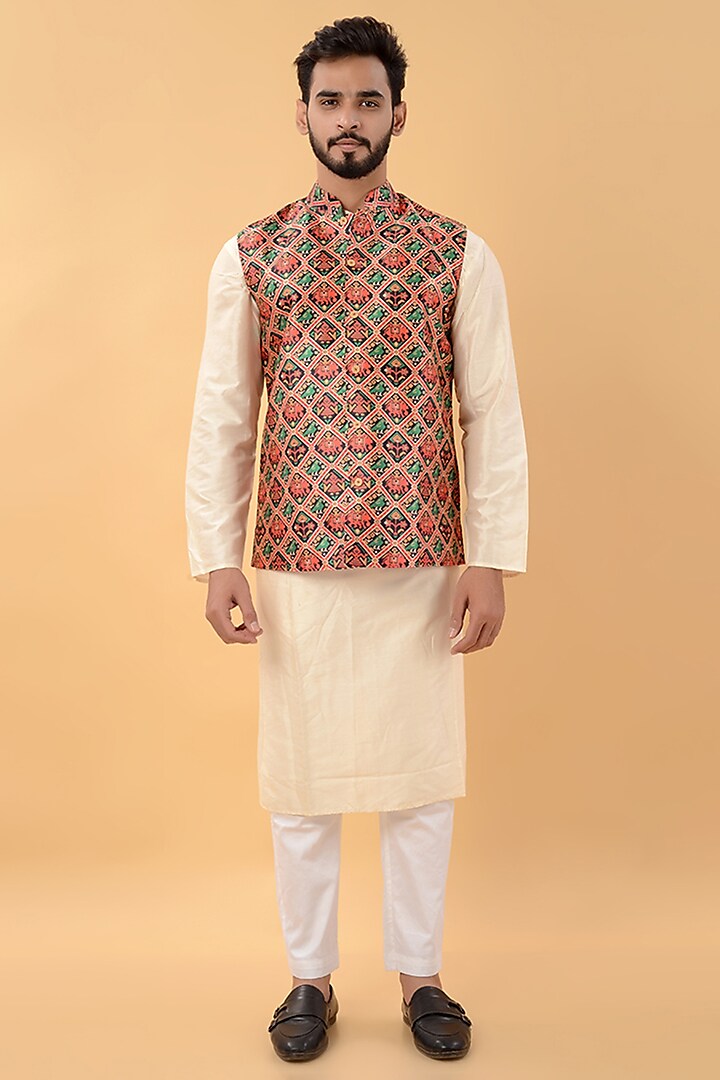 Multi-Colored Assam Silk Printed Nehru Jacket by House of K.C at Pernia's Pop Up Shop