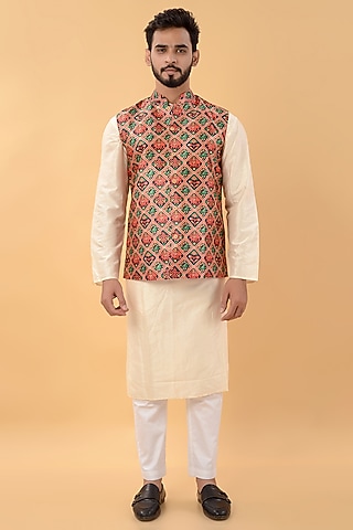 Multi-Colored Assam Silk Printed Nehru Jacket by House of K.C