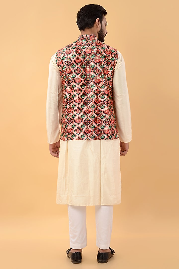 Multi-Colored Assam Silk Printed Nehru Jacket by House of K.C at Pernia's Pop Up Shop