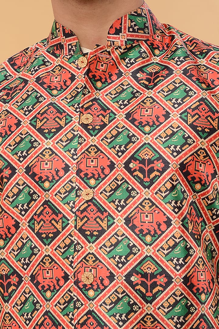 Multi-Colored Assam Silk Printed Nehru Jacket by House of K.C at Pernia's Pop Up Shop
