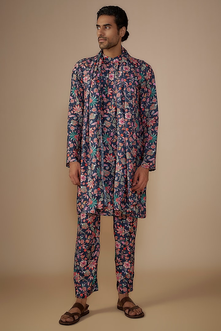 Blue Dola Silk Floral Printed Kurta Set by House of K.C at Pernia's Pop Up Shop