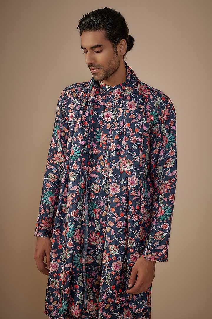 Blue Dola Silk Floral Printed Kurta Set by House of K.C at Pernia's Pop Up Shop