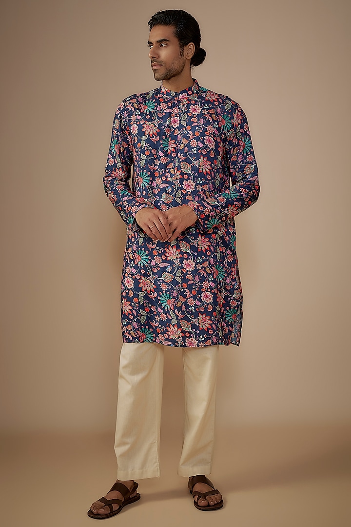 Blue Dola Silk Floral Printed Kurta by House of K.C