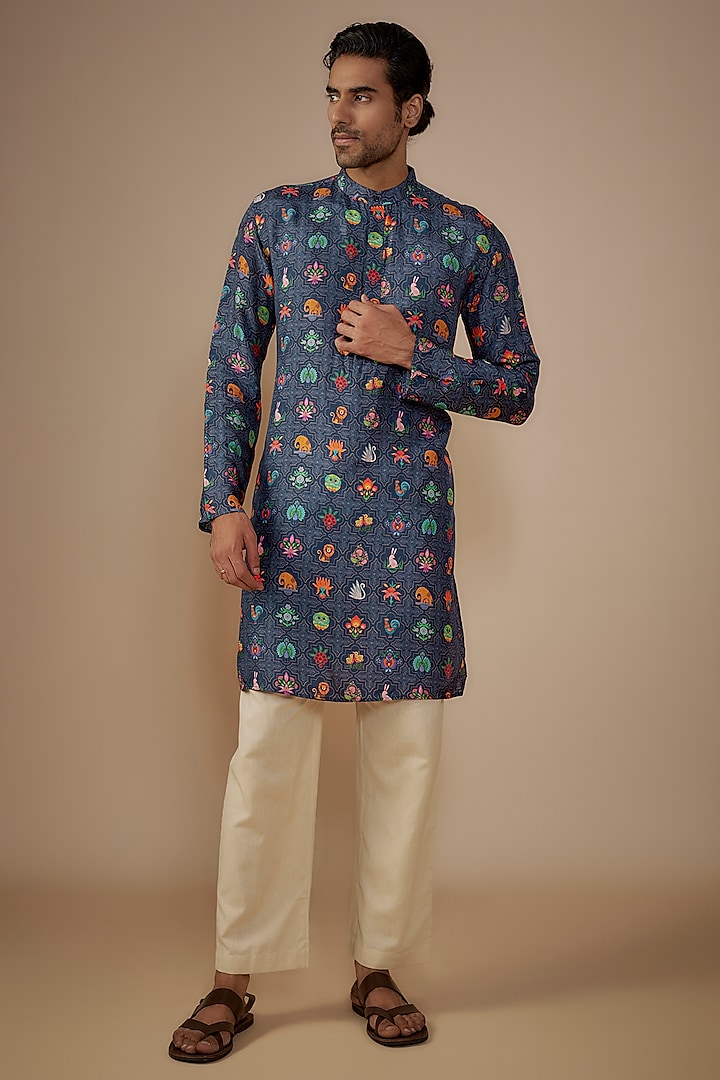 Blue Russian Silk Animal Motif Printed Kurta by House of K.C