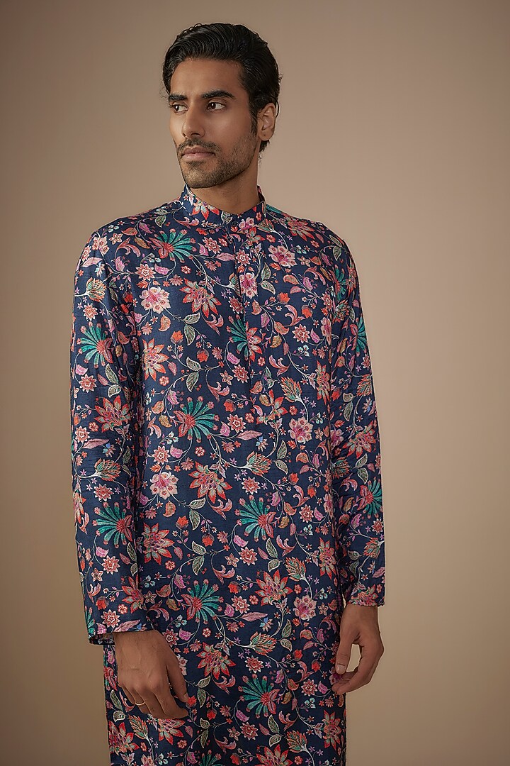 Blue Dola Silk Floral Printed Kurta Set by House of K.C at Pernia's Pop Up Shop