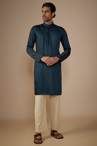 Dark Blue Silk Kantha Hand Embroidered Kurta Set by House of K.C