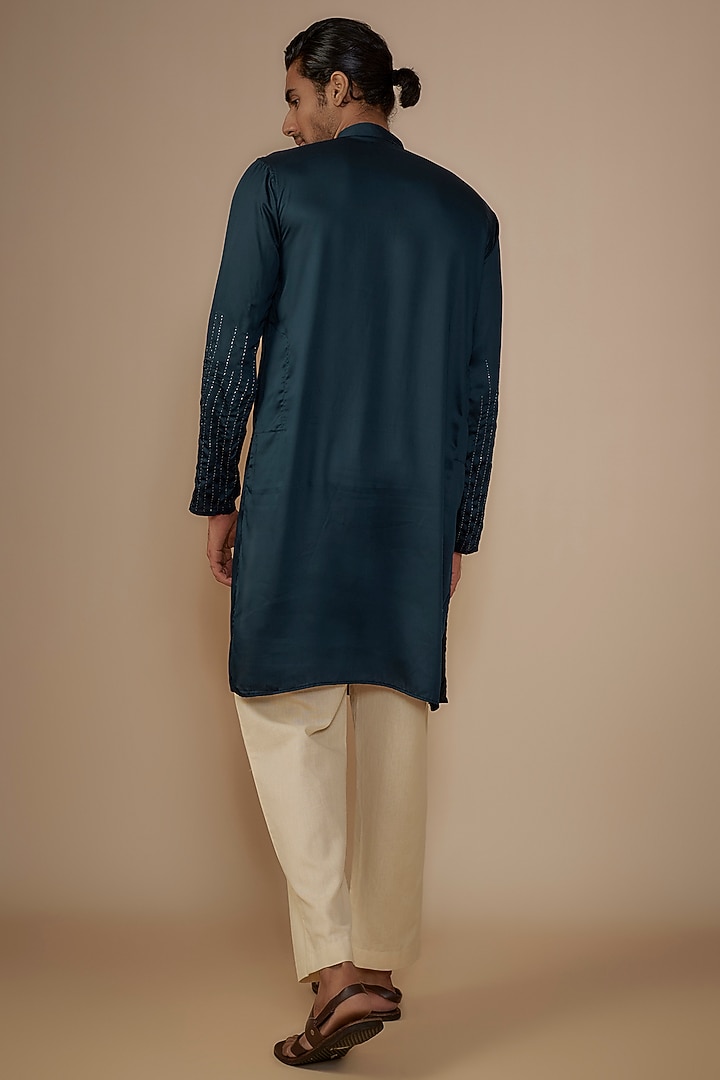 Dark Blue Silk Kantha Hand Embroidered Kurta Set by House of K.C at Pernia's Pop Up Shop