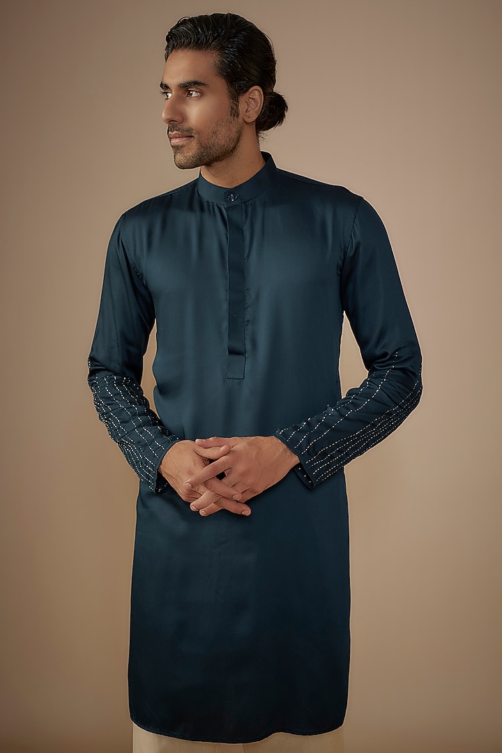 Dark Blue Silk Kantha Hand Embroidered Kurta Set by House of K.C at Pernia's Pop Up Shop