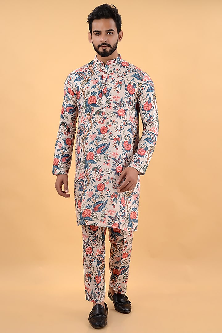 Multi-Colored Dola Silk Floral Printed Kurta Set by House of K.C