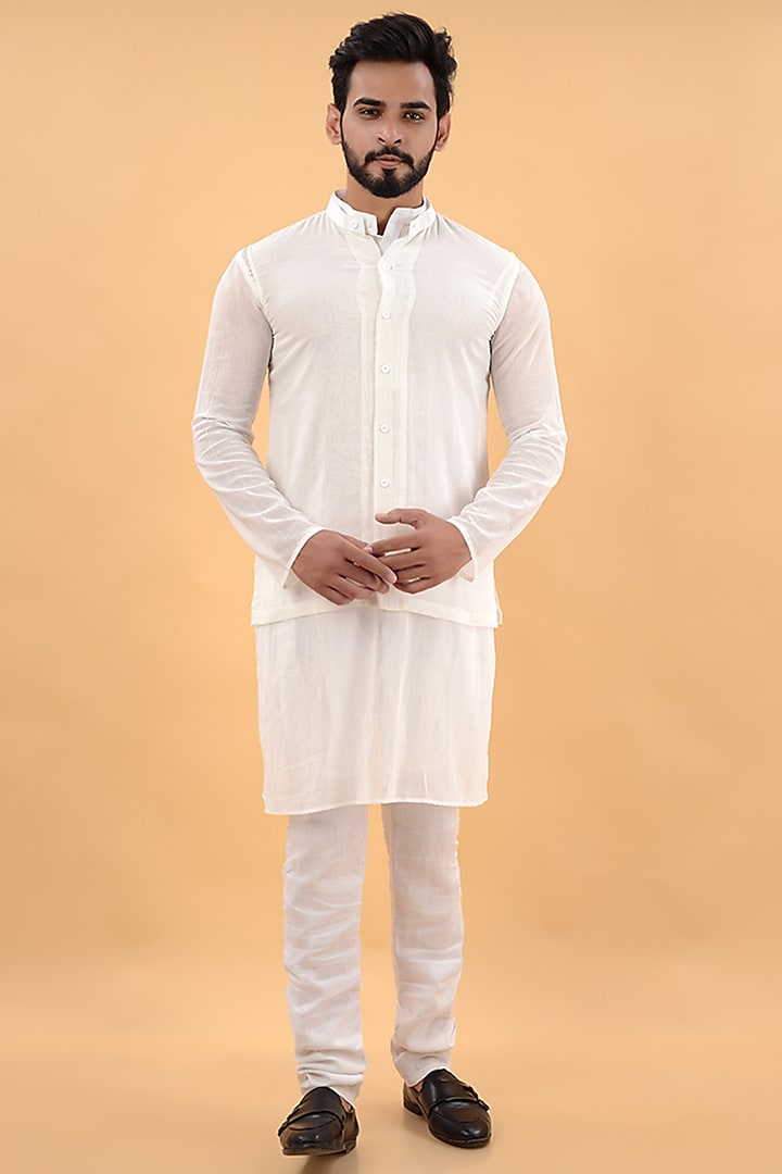 White Pure Mul Indowestern Jacket With Kurta by House of K.C