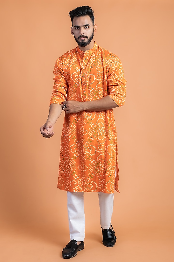 Orange Hand Printed Kurta  by House of K.C