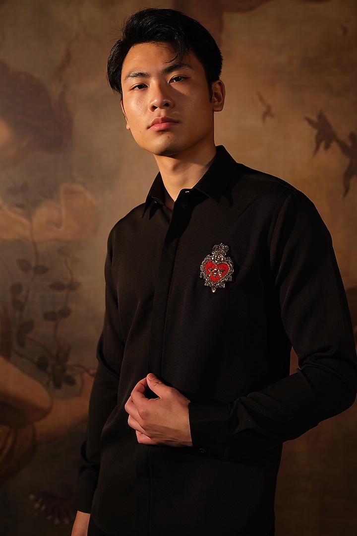 Black Italian Banana Crepe Thread Embroidered Shirt by HOUSE OF KOA