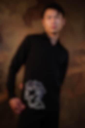 Black Italian Banana Crepe Thread Embroidered Party Wear Shirt by HOUSE OF KOA at Pernia's Pop Up Shop