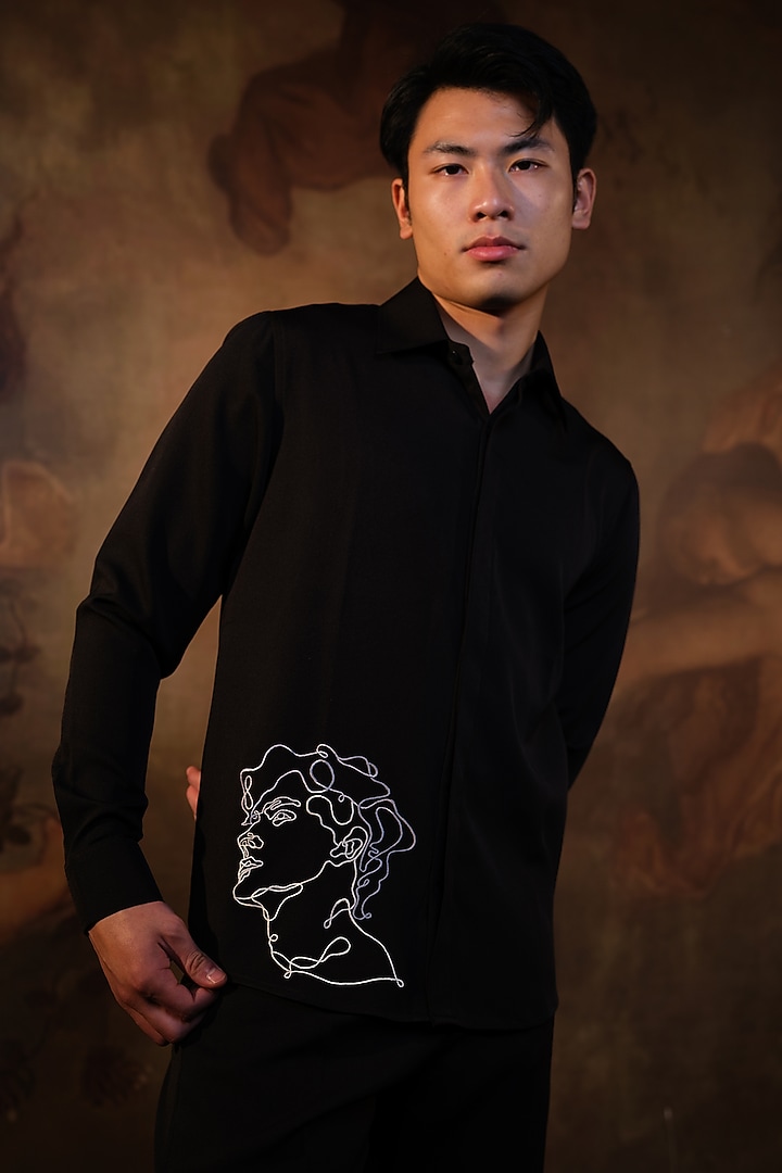 Black Italian Banana Crepe Thread Embroidered Party Wear Shirt by HOUSE OF KOA at Pernia's Pop Up Shop