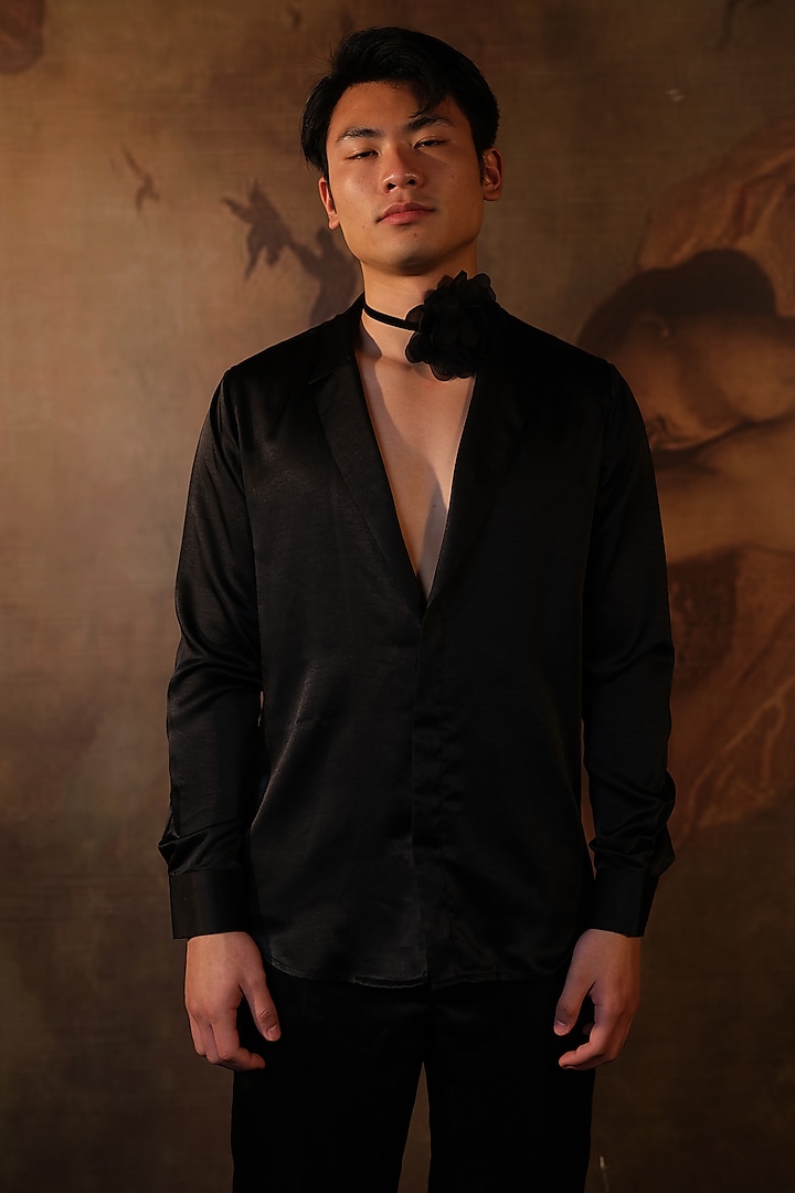 Black Modal Satin Blazer Shirt by HOUSE OF KOA