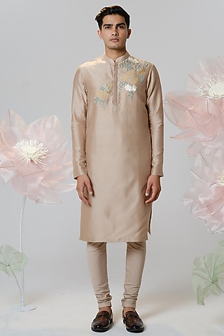 Beige Chanderi Machine Embroidered Kurta Set by HOUSE OF KOA
