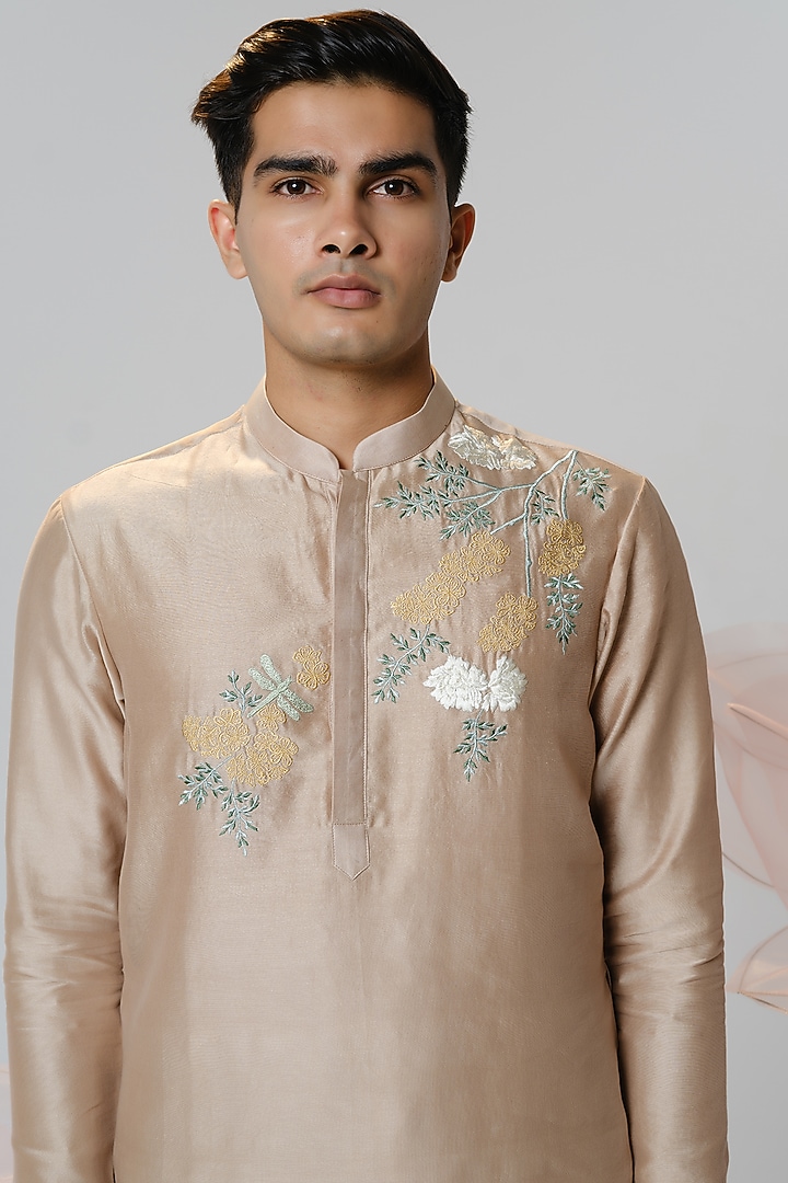 Beige Chanderi Machine Embroidered Kurta Set by HOUSE OF KOA at Pernia's Pop Up Shop