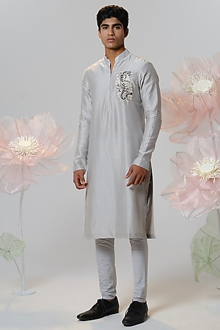 Grey Chanderi Machine Embroidered Kurta Set by HOUSE OF KOA