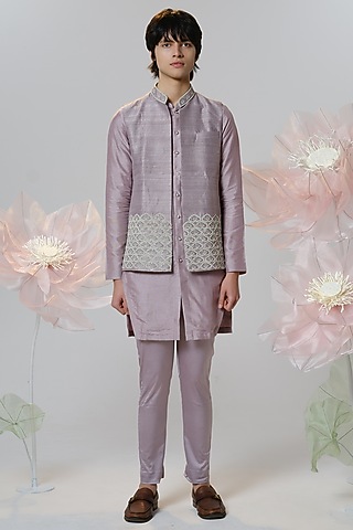 Lavender Raw Silk Hand Embroidered Nehru Jacket Set by HOUSE OF KOA