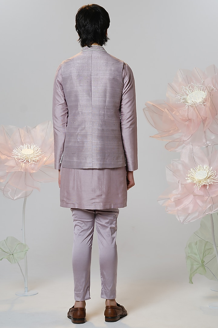 Lavender Raw Silk Hand Embroidered Nehru Jacket Set by HOUSE OF KOA at Pernia's Pop Up Shop