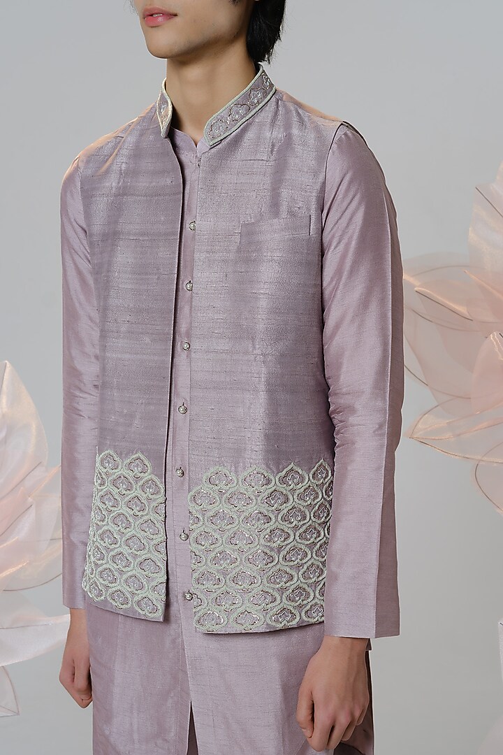 Lavender Raw Silk Hand Embroidered Nehru Jacket Set by HOUSE OF KOA at Pernia's Pop Up Shop