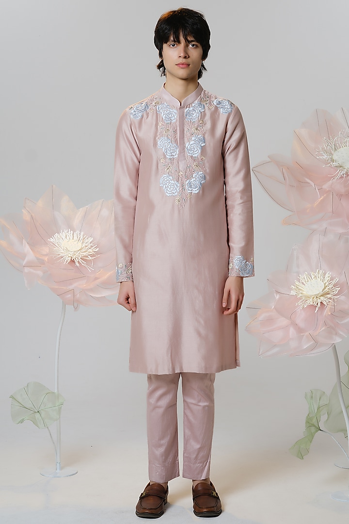 Pastel Pink Chanderi Floral Embroidered Kurta Set by HOUSE OF KOA