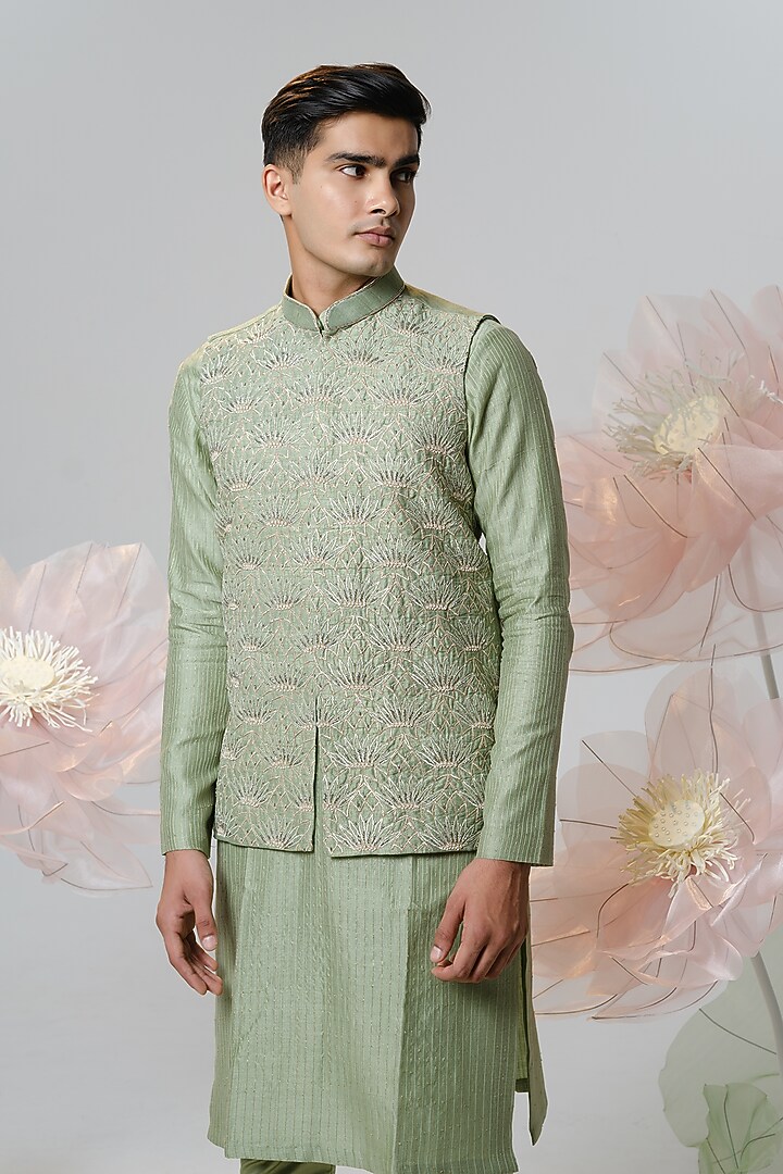 Green Raw Silk Hand Embroidered Nehru Jacket Set by HOUSE OF KOA at Pernia's Pop Up Shop