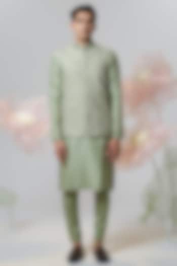 Green Raw Silk Hand Embroidered Nehru Jacket Set by HOUSE OF KOA