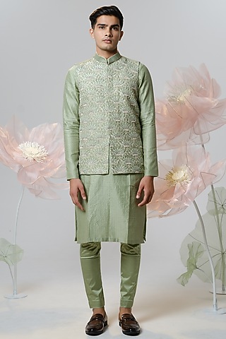 Green Raw Silk Hand Embroidered Nehru Jacket Set by HOUSE OF KOA