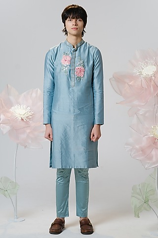 Blue Chanderi Floral Embroidered Kurta Set by HOUSE OF KOA