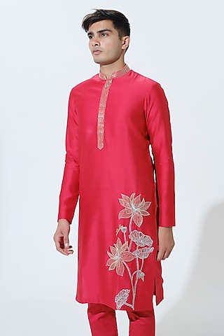 Men's Red Silk Blend Machine Embroidered Kurta Pyjama With Silk