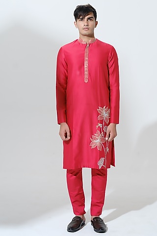 Red Chanderi Machine Embroidered Kurta Set by HOUSE OF KOA